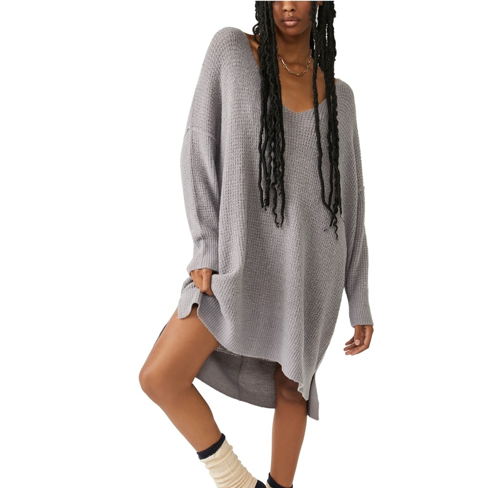 Free People Oversized Long Sleeve Knit Dress in Light Gray